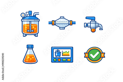 Different equipment used in a laboratory setting shows processes for mixing and analyzing liquids and data in a scientific experiment