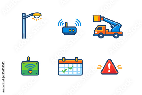 Icons showing street lighting technology, communication tools, and construction equipment used in city planning and infrastructure development tasks