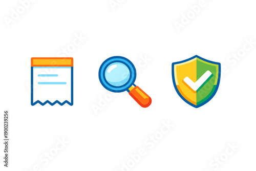 Vector graphics show a receipt, magnifying glass, and shield with check mark in simple design highlighting everyday items and concepts related to finance and security