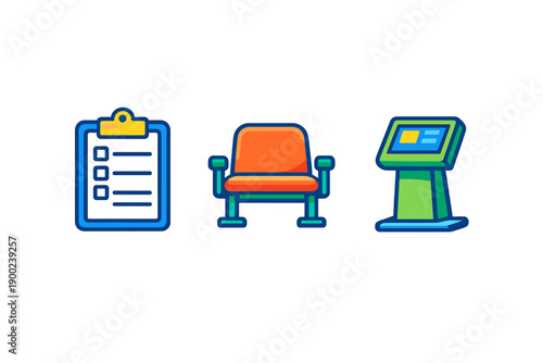 Clipboard, chair, and kiosk showing objects found in an office environment during daytime hours