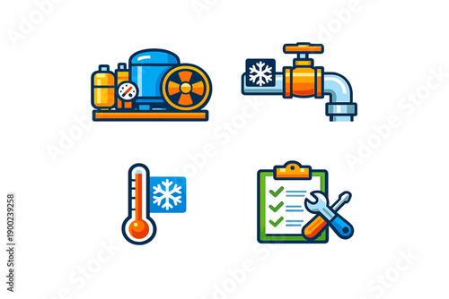 Different types of equipment used for cooling systems and maintenance tasks in industrial settings featuring a compressor, valve, thermometer, and checklist