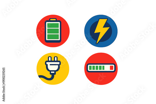 Icons representing battery status, electricity, and charging process in a simple and clear style suitable for teaching basic concepts in technology