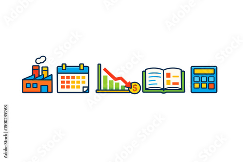 Industry icons show factory, calendar, stock market decline, book, and calculator representing business operations and financial planning