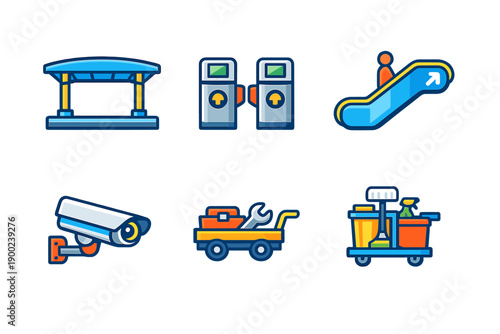 Symbols of urban infrastructure including escalators, ticket gates, cameras, and maintenance tools used in public transport and buildings in a city setting