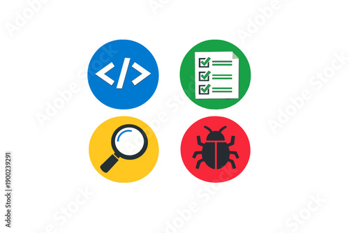 Symbols showing coding, checking tasks, searching, and debugging in colored circles placed together on a white background