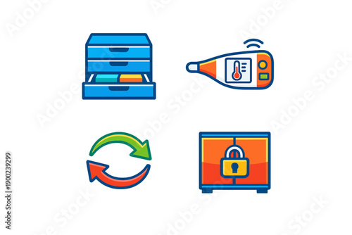 Icons show health management tools for tracking temperature and storing medical records and data