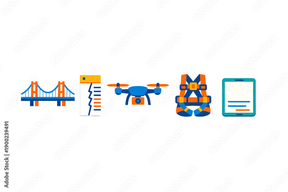 Obraz premium Different tools and equipment used for bridge inspection and monitoring during the day