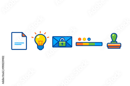 Various icons representing concepts of documentation, ideas, security, information processing, and verification in a digital workspace setting