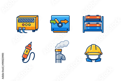 Different tools and equipment used in industrial activities are shown in this collection. There are items for energy management and safety for workers and machines