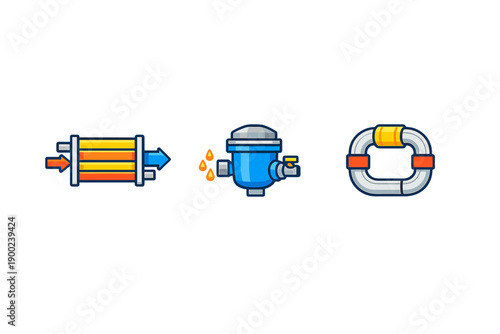 Icons show a water filter, a valve, and a life buoy used for safety in water contexts when swimming or managing water systems