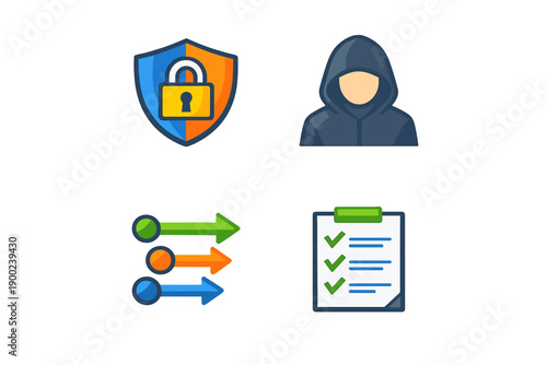 Icons show security, a hacker, data flow, and a checklist in a digital design for cybersecurity awareness and practices