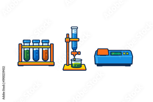 Lab equipment shows test tubes, a burette, and a spectrophotometer used in science experiments during the day at a laboratory