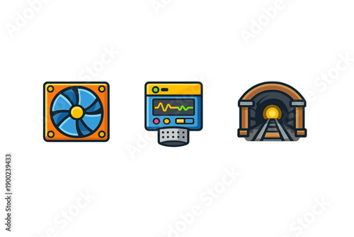 Icons showing a fan, a monitor with waves, and a tunnel leading to a light that represent various elements in technology and design