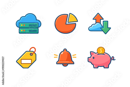 Icons representing cloud computing, data analysis, notifications, finance, and storage used for digital services in tech industry settings