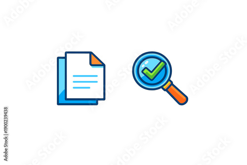 Document check with magnifying glass and checklist to confirm accuracy of paperwork and reports in a simple office setting