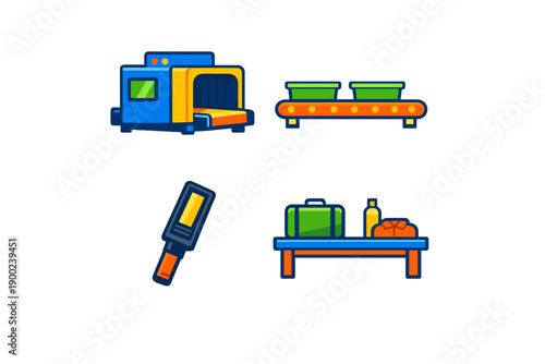 Various elements of a food processing line showing equipment, containers, and tools used in preparation and transportation tasks within a facility setting