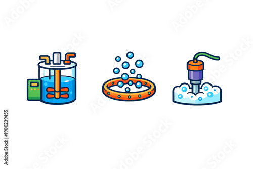 Different stages of a water filtration process shown by three illustrations of equipment and actions related to cleaning water
