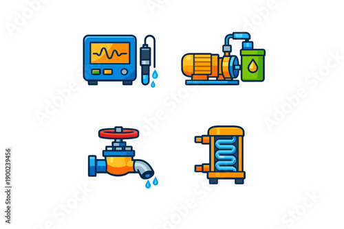 Various tools and equipment for water management and monitoring used in industrial settings showing pumps, sensors, valves, and heat exchangers