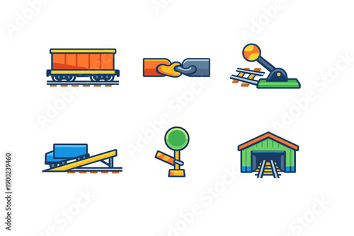Railway equipment and infrastructure are shown in a simple layout with train cars, switches, and signals all displayed in a clear arrangement