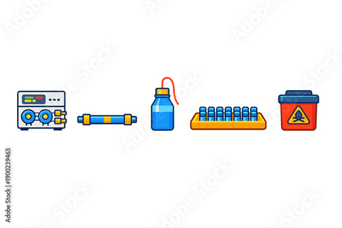 Collection of lab equipment including a machine, water bottle, test tubes, and disposal container in a scientific setting