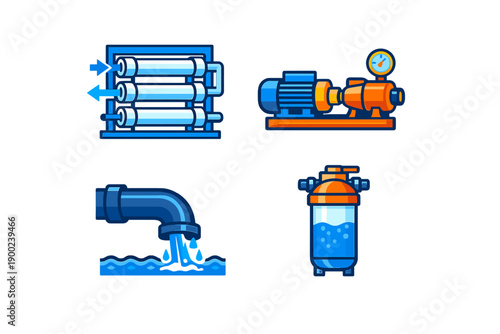 Different types of water treatment equipment are shown including a filter, pump, pipe, and water filtration system