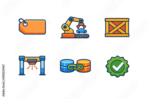 Icons showing tools and equipment used in manufacturing and logistics for processes like assembly, product labeling, and packaging in a simplified design form