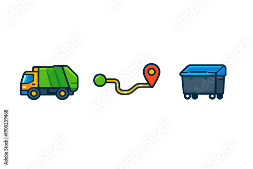 Garbage truck, location marker, and dumpster icons show waste collection process in a city environment during daylight hours