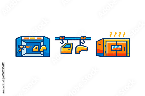 Industrial process shows production equipment and parts being prepared for assembly in a factory setting during daytime hours