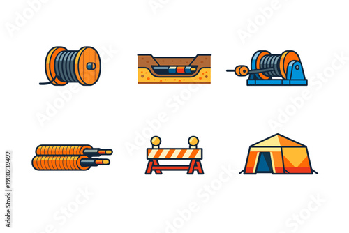 Various construction tools and equipment are displayed in simple illustrations on a white background emphasizing work on a construction site