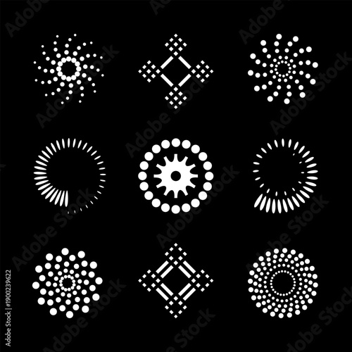 Abstract Circle and Spiral Icons. Set of Dots Design Elements on Black Background. 