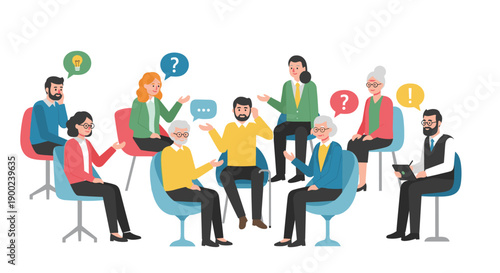 Diverse group of people sitting in a circle, actively brainstorming and discussing ideas with speech bubbles and