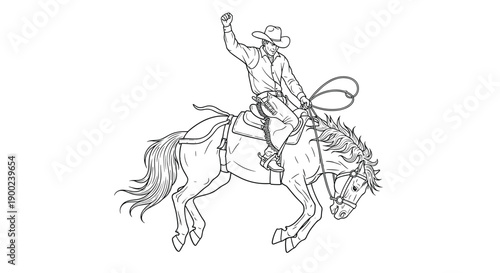 Dynamic cowboy riding a bucking horse in a thrilling rodeo scene, presented as a classic black and white line art