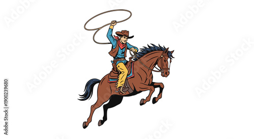Energetic cowboy riding a bucking horse while swinging a lasso, vibrant colored illustration depicting an action-packed