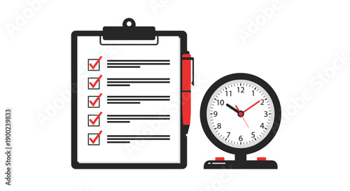 Black clipboard with a completed checklist and a pen, paired with an alarm clock, signifying organized task completion