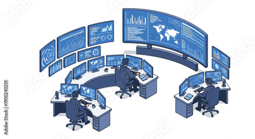 IT professionals in a modern circular control room, monitoring multiple curved screens displaying data, charts, and