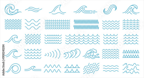 Blue Ocean Wave Vector Icon Set: Minimalist Line Art Symbols for Water, Sea, Surf, and Nautical Graphic Design