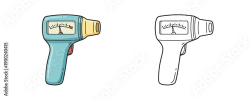 Peak flow meter in hand-drawn cartoon style turquoise and yellow colors medical device used for measuring lung function and breathing capacity for asthma patients on white background