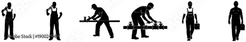 A set of silhouettes of people working in various positions, black, brush, equipment, illustration, man, missile, profile
