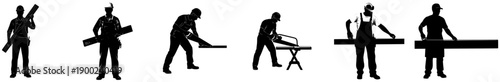 A set of silhouettes of people working in various positions, black, brush, equipment, illustration, man, missile, profile, rocket, ski equipment, spear, sword