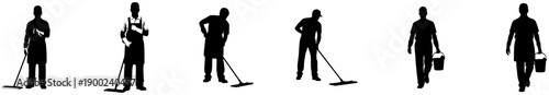 A set of silhouettes of people engaged in various activities, including sweeping, standing, standing upright, holding a bucket, and standing with a broom, black, equipment, golf club, oar, pole, profi