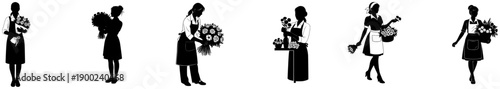 A set of six silhouettes of people holding bouquets of flowers, arrow, black, blade, brush, dart, tool, weapon, against transparent background