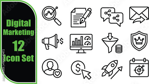 Comprehensive digital marketing icon set for visual content creation