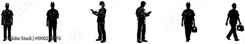 A set of six silhouettes of people standing in a line, each holding a medical device, black, brush, equipment, paint brush, pen, pencil, profile, tool, weapon, against transparent background