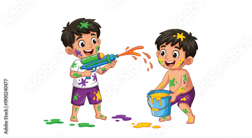 Two happy boys playing with water guns and colorful paint during Holi festival celebration vector illustration.