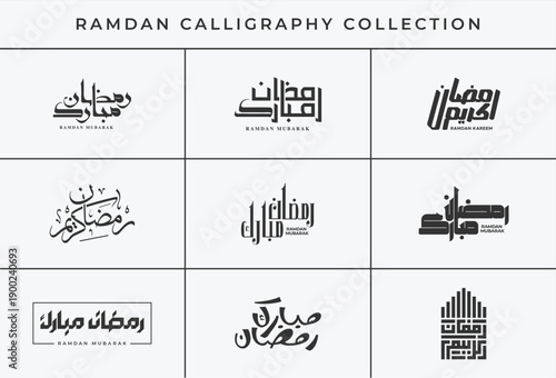 Collection of diverse modern and traditional ramadan mubarak and kareem calligraphy vector greetings for islamic design projects