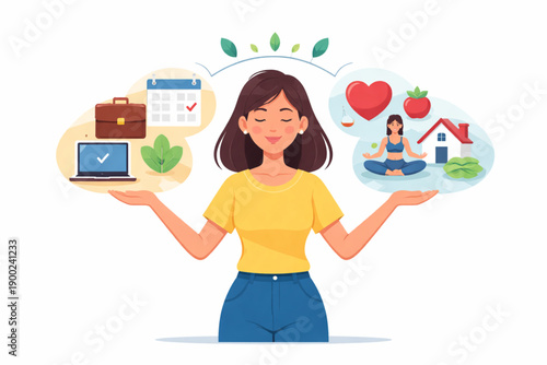 Flat Vector of Woman Balancing Work and Life Symbols on White Background