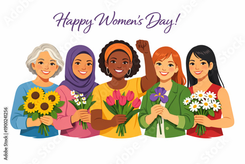 Vector of Women Holding Flowers as Resilience Symbols for International Women’s Day