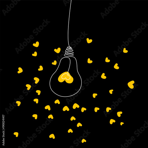 Hanging light bulb with heart filament on black background. Minimalist line art for love, passion, and creative inspiration in the dark night. Inner light vector concept.