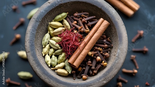 Rustic stone bowl or mortar filled with an assortment of aromatic whole spices like cinnamon, cloves, and cardamom for cooking concepts