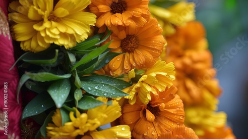 Extreme close-up macro photograph of a vibrant orange marigold garland, dotted with sparkling fresh morning dew drops, full of life